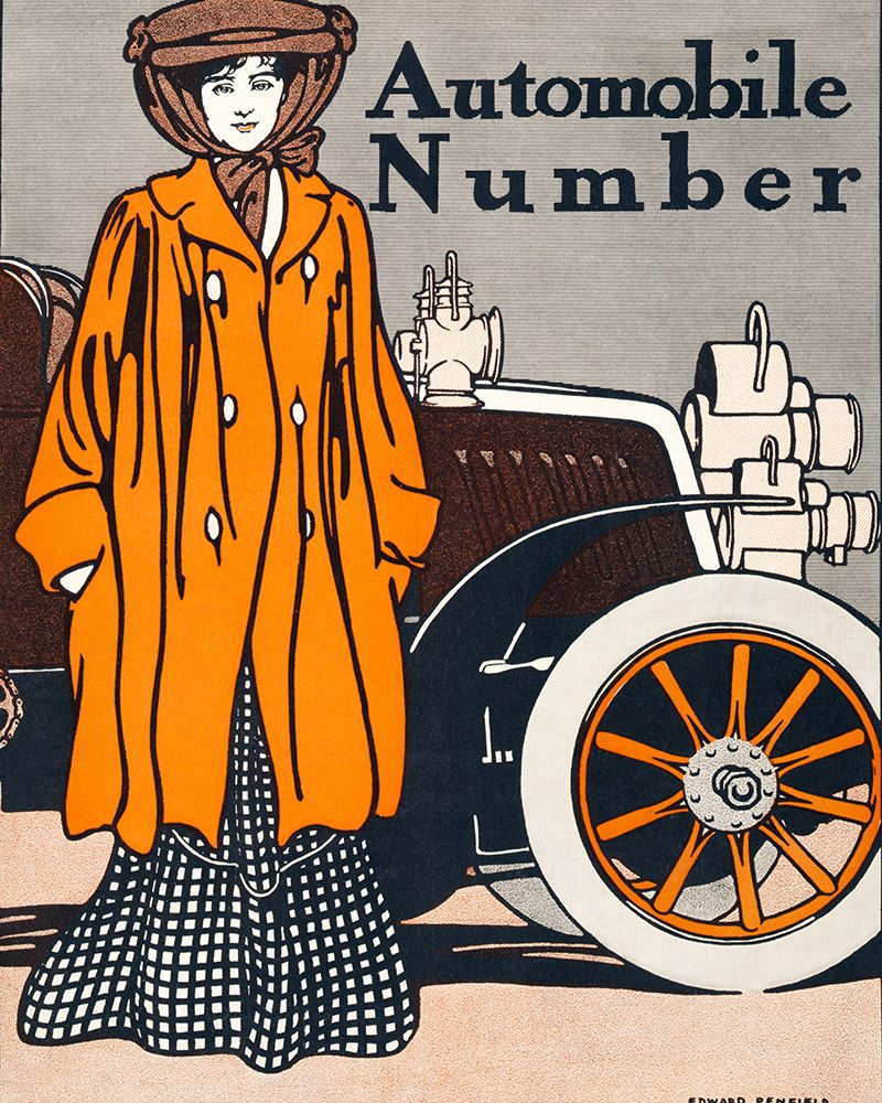 Woman and a vintage car art print by Edward Penfield for $57.95 CAD