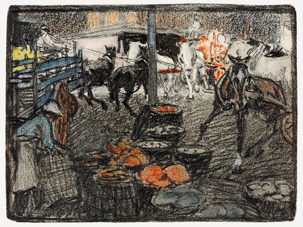 A busy scene of a market art print by Edward Penfield for $57.95 CAD