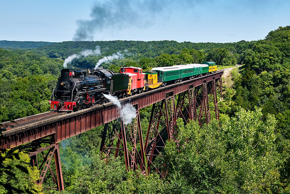 A steam train crosses the 156-foot-tall Bass Point Creek Bridge-Iowa art print by Carol Highsmith for $57.95 CAD