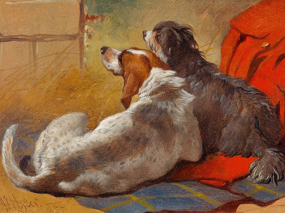 A Hound and a Bearded Collie seated on a Hunting Coat art print by John Frederick Herring for $57.95 CAD