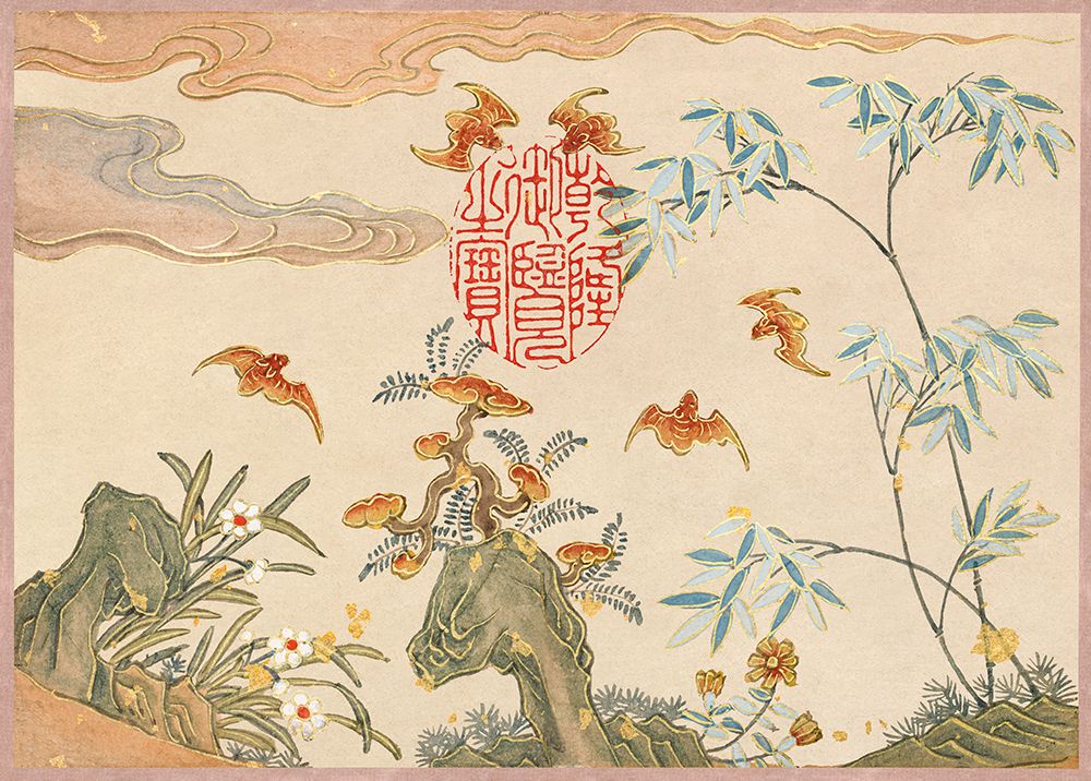 Bats-rocks-flowers oval calligraphy art print by Zhang Ruoai for $57.95 CAD