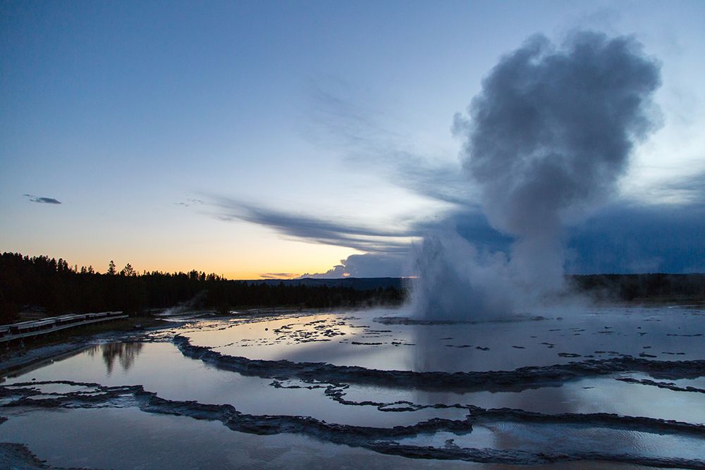 Sunset eruption of Great Fountain Geyser, Yellowstone National Park art print by The Yellowstone Collection for $57.95 CAD