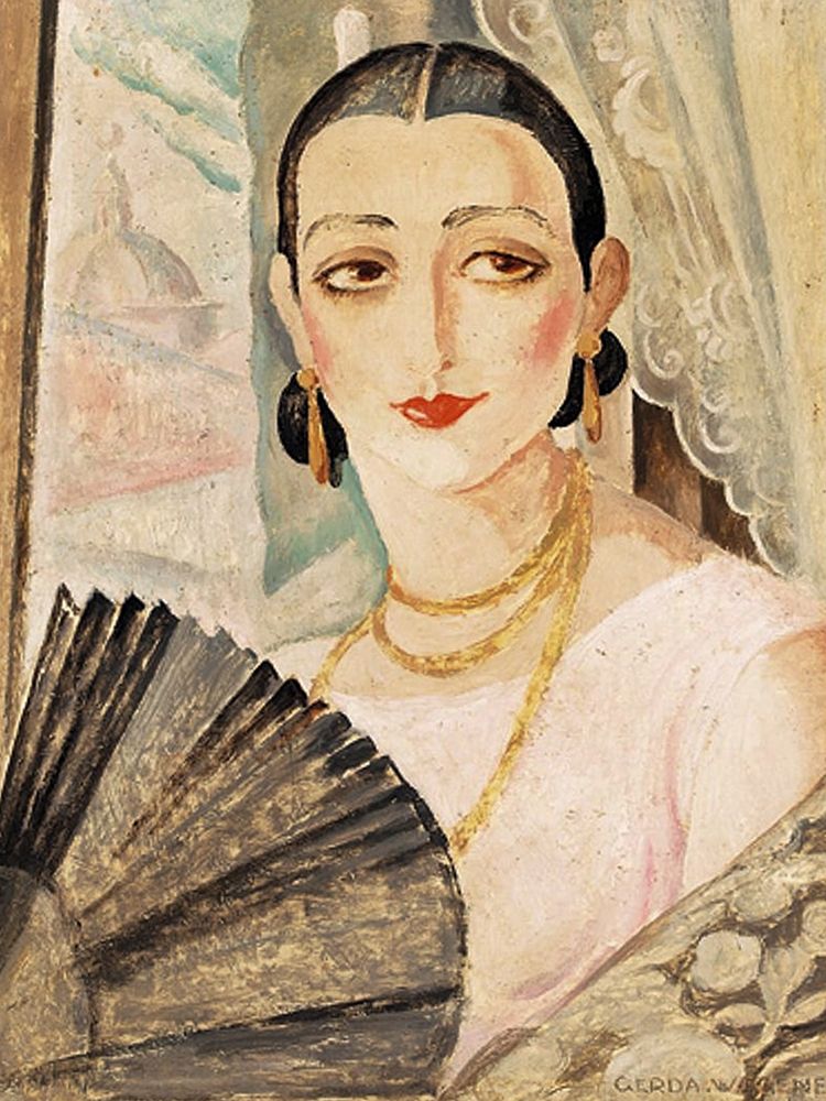 Portrait of Lili Elbe with a fan art print by Gerda Wegener for $57.95 CAD