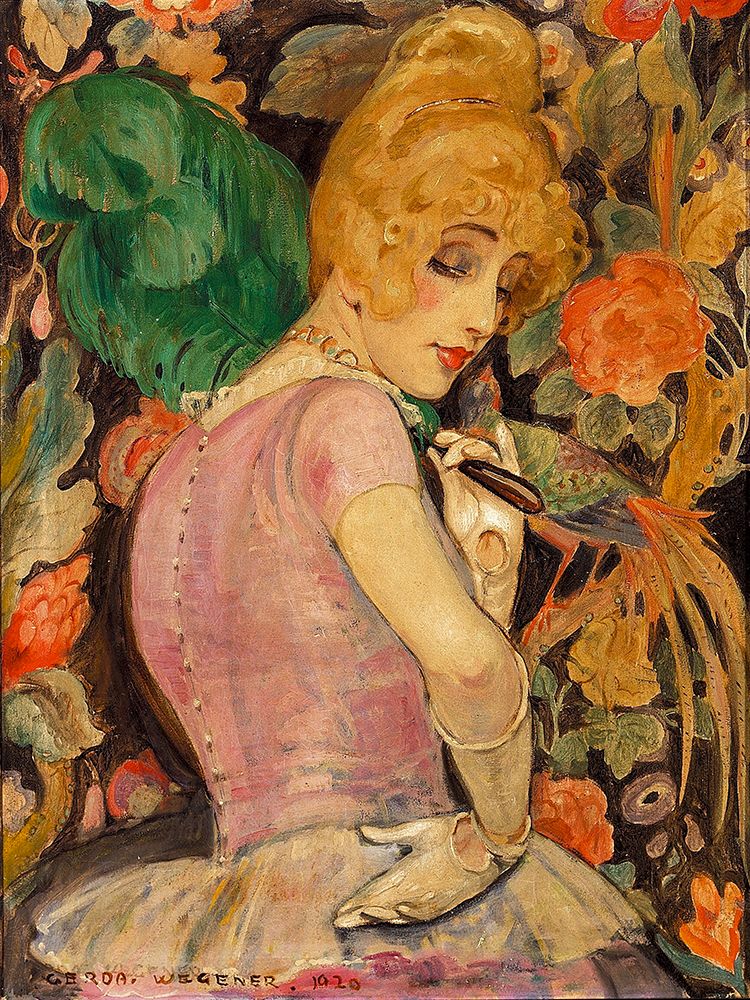 Portrait of Lili Elbe with a green feather fan art print by Gerda Wegener for $57.95 CAD