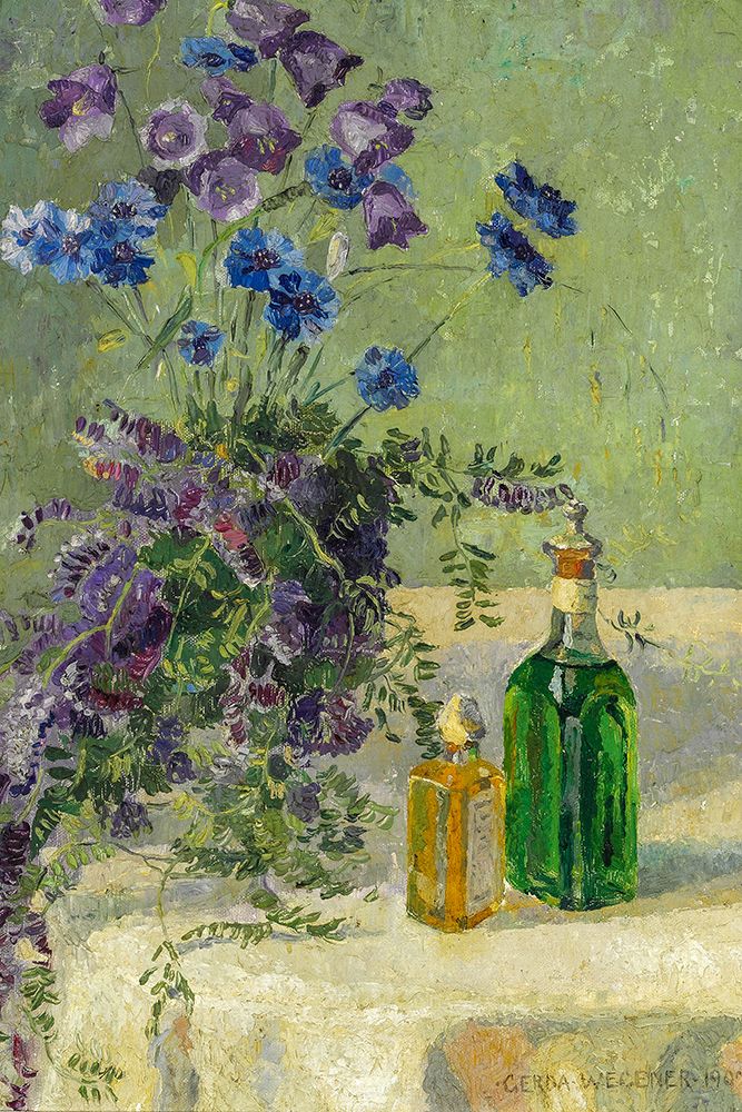 Still life with blue flowers and two bottles on a table art print by Gerda Wegener for $57.95 CAD