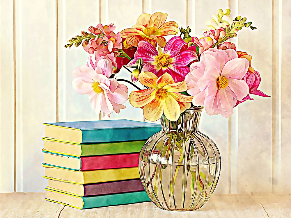 Dahlias and Colorful Books art print by Alpenglow Workshop for $57.95 CAD