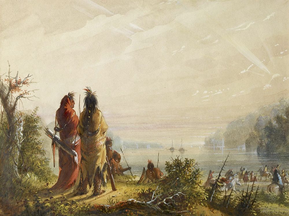 Indians Threatening to Attack Fur Boats art print by Alfred Jacob Miller for $57.95 CAD