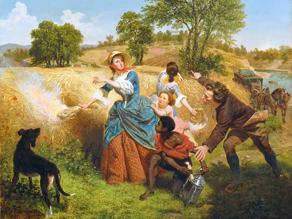 Mrs Schuyler Burning Her Wheat Fields on the Approach of the British art print by Emanuel Gottlieb Leutze for $57.95 CAD