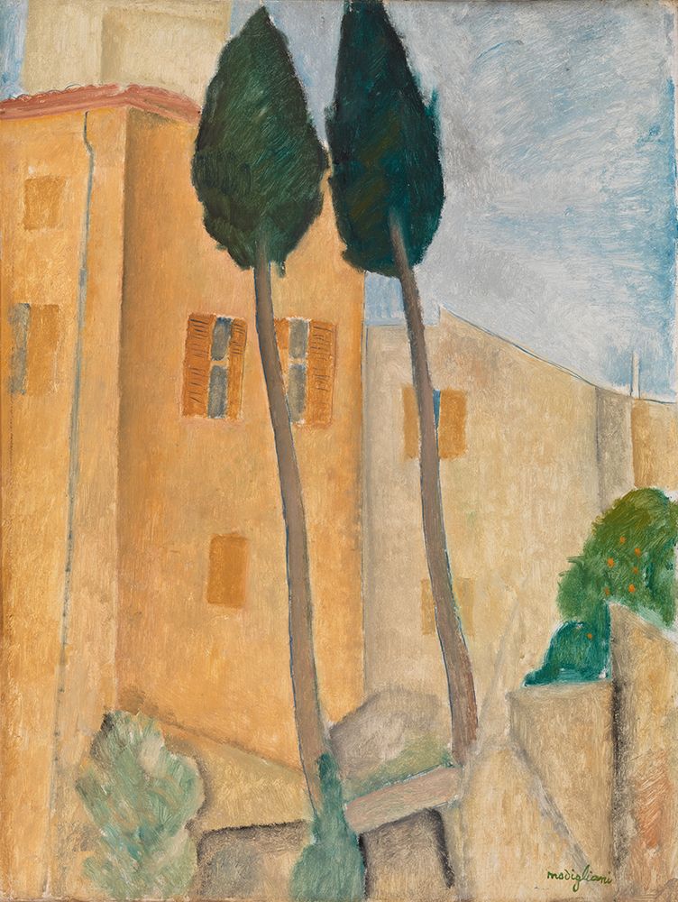 Cypresses and Houses at Cagnes 1917 art print by Amedeo Modigliani for $57.95 CAD