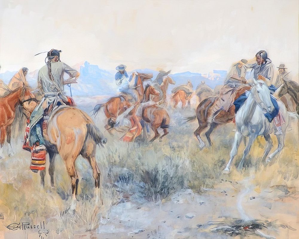 As Cochrane and Pard Leaped Into Their Saddles 1910 art print by Charles Marion Russell for $57.95 CAD