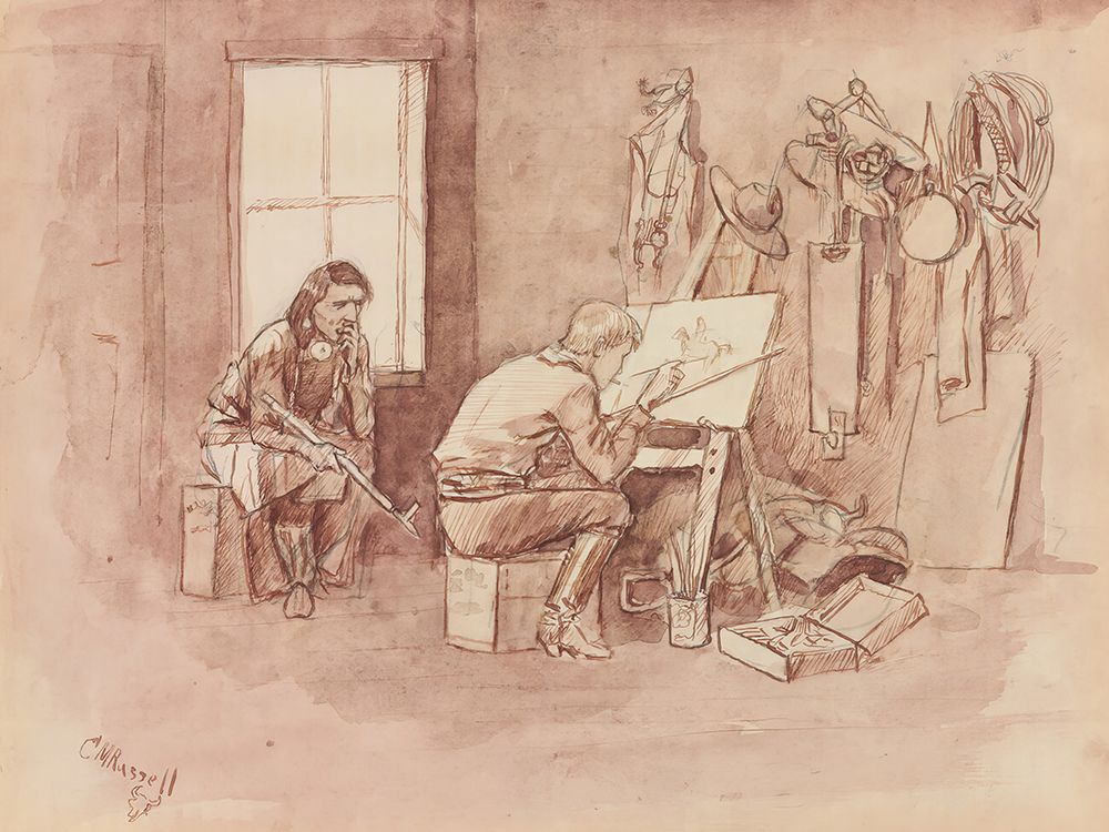 Contrast in Artists Salons, Charlie Painting in His Cabin 1894 art print by Charles Marion Russell for $57.95 CAD