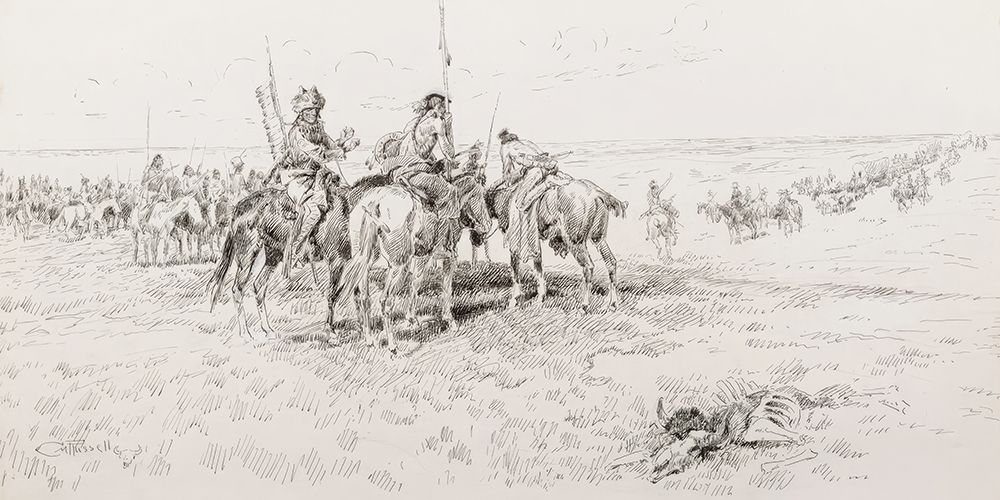 Indians Meet First Wagon Train West of Mississippi 1922 art print by Charles Marion Russell for $57.95 CAD
