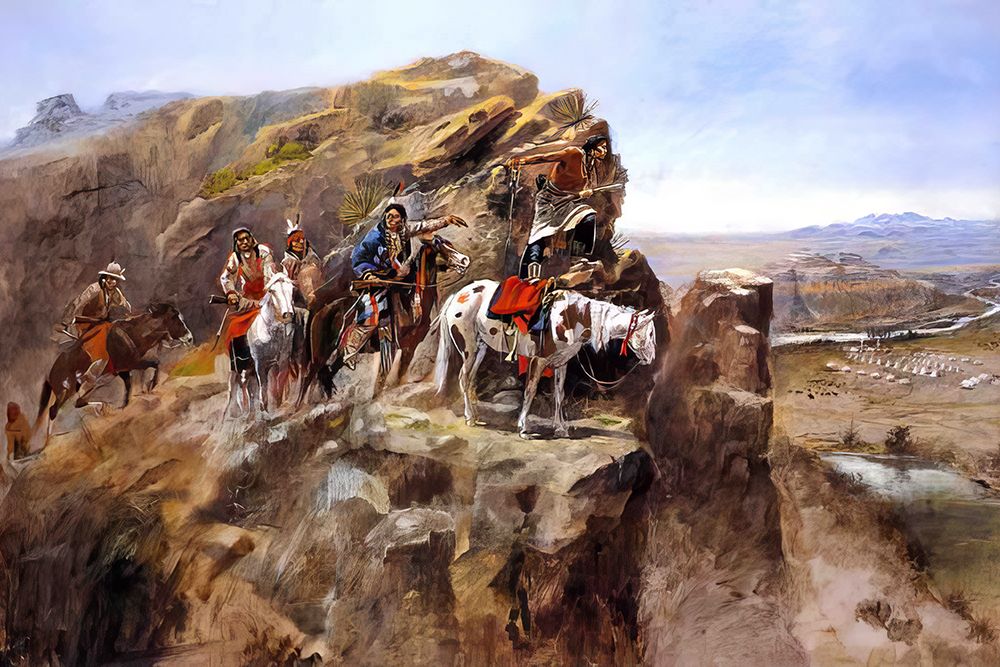 Indians on a Bluff Surveying General Miles Troops art print by Charles Marion Russell for $57.95 CAD