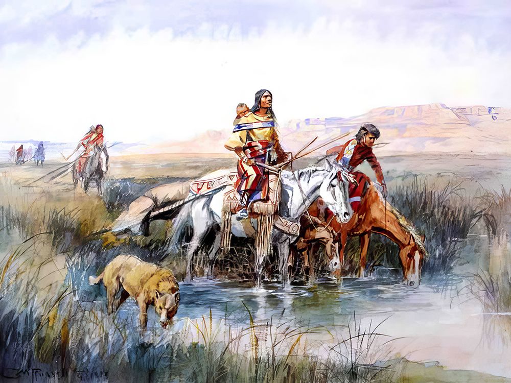 Indian Women Moving Camp 1909 art print by Charles Marion Russell for $57.95 CAD