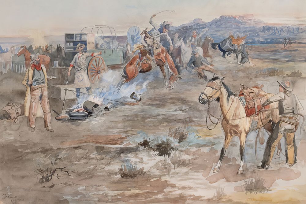 Kickover of Morning Coffee Pot 1896 art print by Charles Marion Russell for $57.95 CAD
