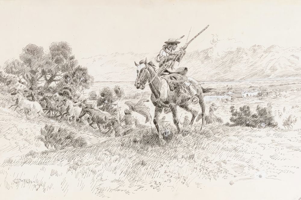 Rocky Mountain Trappers Driving Off Horses Stolen from California Mission 1922 art print by Charles Marion Russell for $57.95 CAD