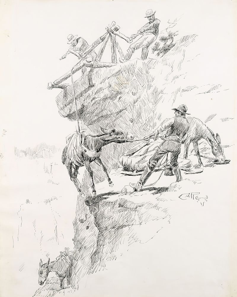They Hoisted Their Burros a Hundred and Sixteen Feet 1911 art print by Charles Marion Russell for $57.95 CAD