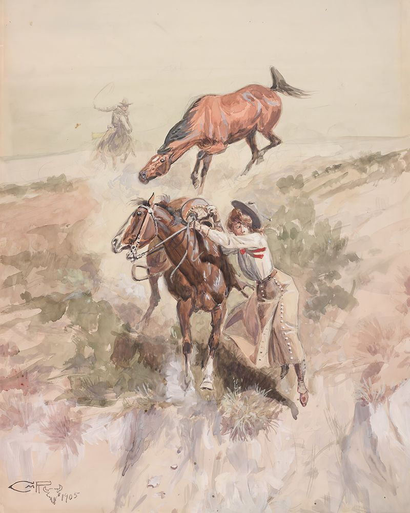 Throwing Herself from the Saddle, Just as Denver Thundered Up 1905 art print by Charles Marion Russell for $57.95 CAD