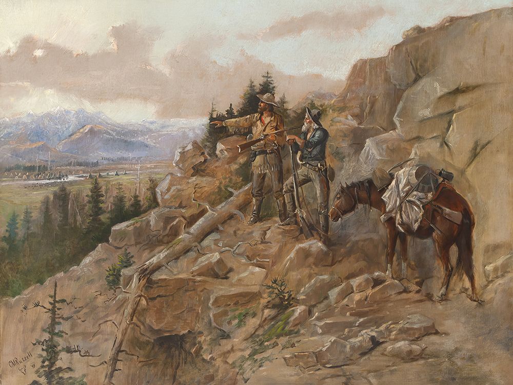 Trouble on the Horizon, Prospectors Discover an Indian Camp art print by Charles Marion Russell for $57.95 CAD