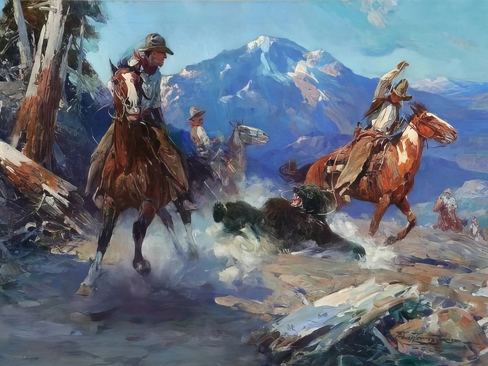 Cowboys Roping the Bear art print by Frank Tenney Johnson for $57.95 CAD