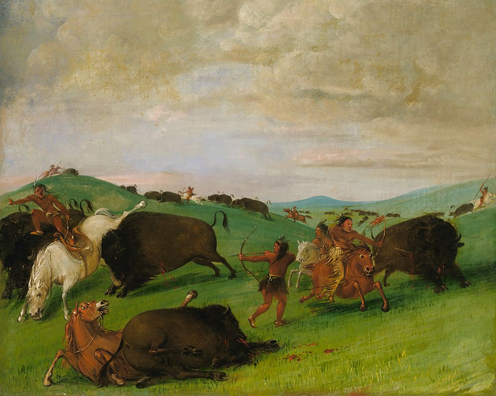 Buffalo Chase|Bulls Making Battle with Men and Horses art print by George Catlin for $57.95 CAD
