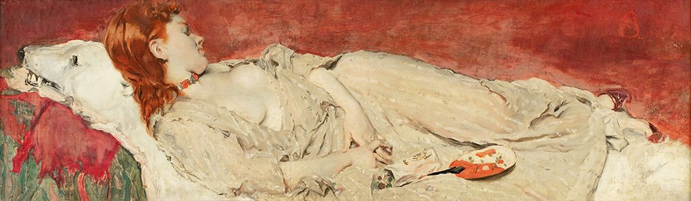 A young red hair girl sleeping on a bearskin art print by Alfred Stevens for $57.95 CAD