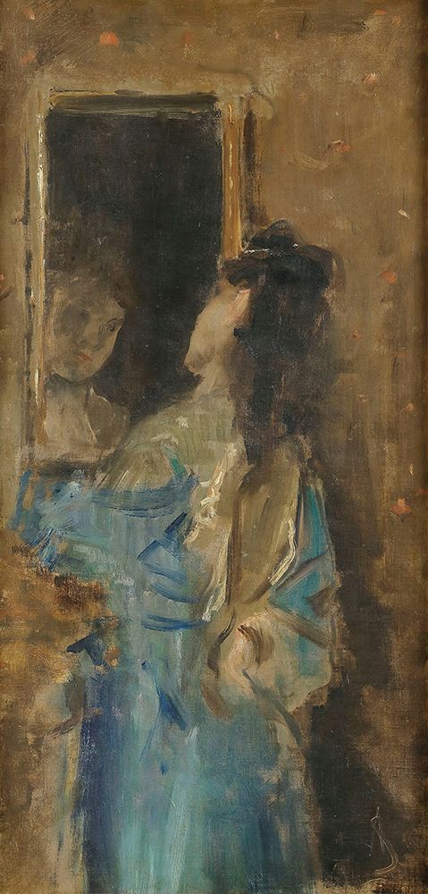 Girl in blue looking in a mirror art print by Alfred Stevens for $57.95 CAD