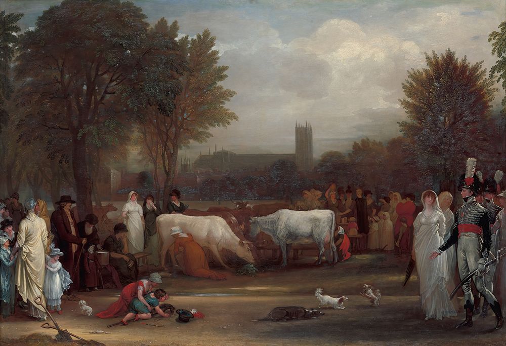 Milkmaids in St. Jamess Park, Westminster Abbey Beyond 1801 art print by Benjamin West for $57.95 CAD