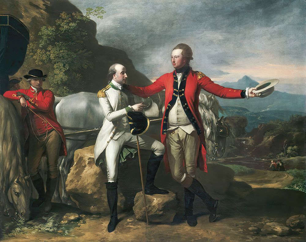 Two Officers and a Groom in a Landscape 1777 art print by Benjamin West for $57.95 CAD