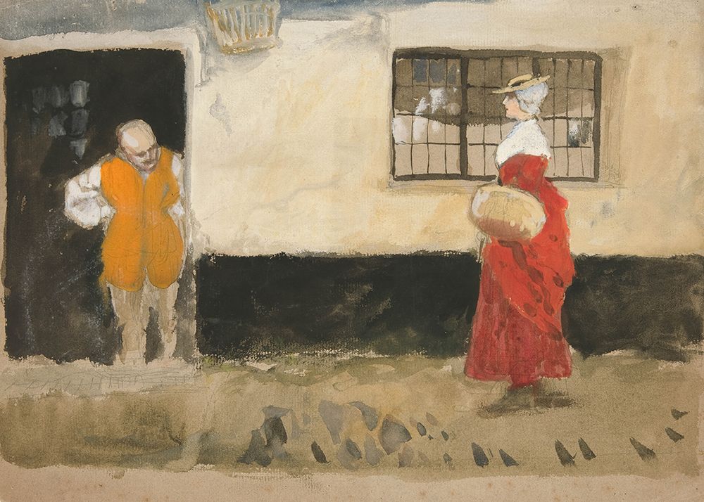 Study of street scene, man at door, woman in red dress art print by Edwin Austin Abbey for $57.95 CAD
