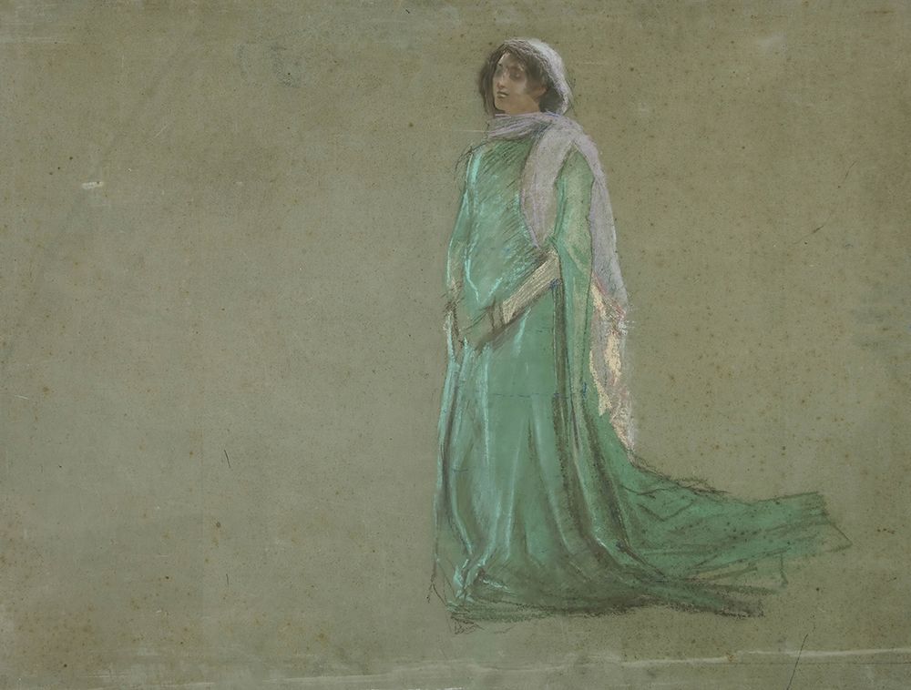 Study, woman in long green dress, pink scarf art print by Edwin Austin Abbey for $57.95 CAD
