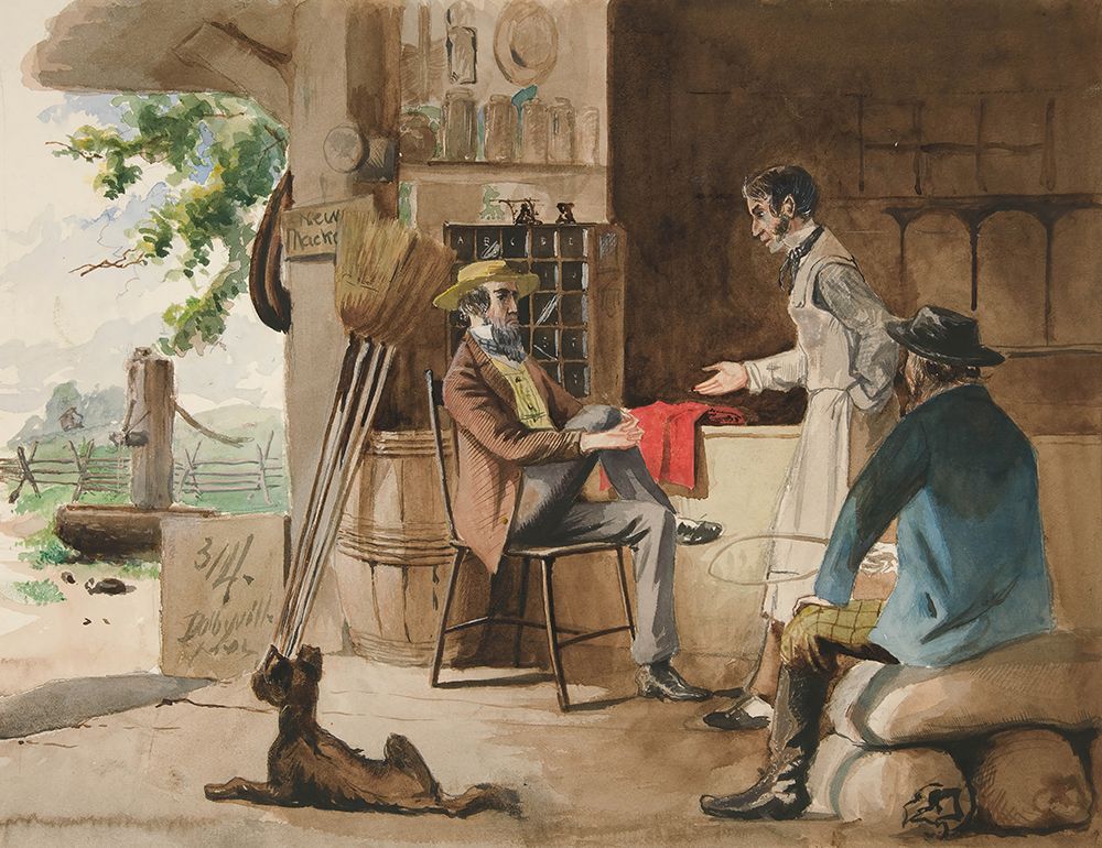 Three men in a dry goods store ├óΓé¼ΓÇ£ country store, Dolbyville art print by Edwin Austin Abbey for $57.95 CAD