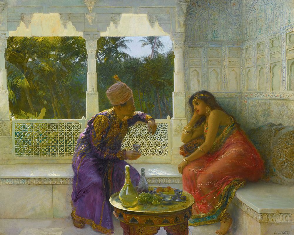 Figures in an interior with garden of palms beyond art print by Edwin Lord Weeks for $57.95 CAD