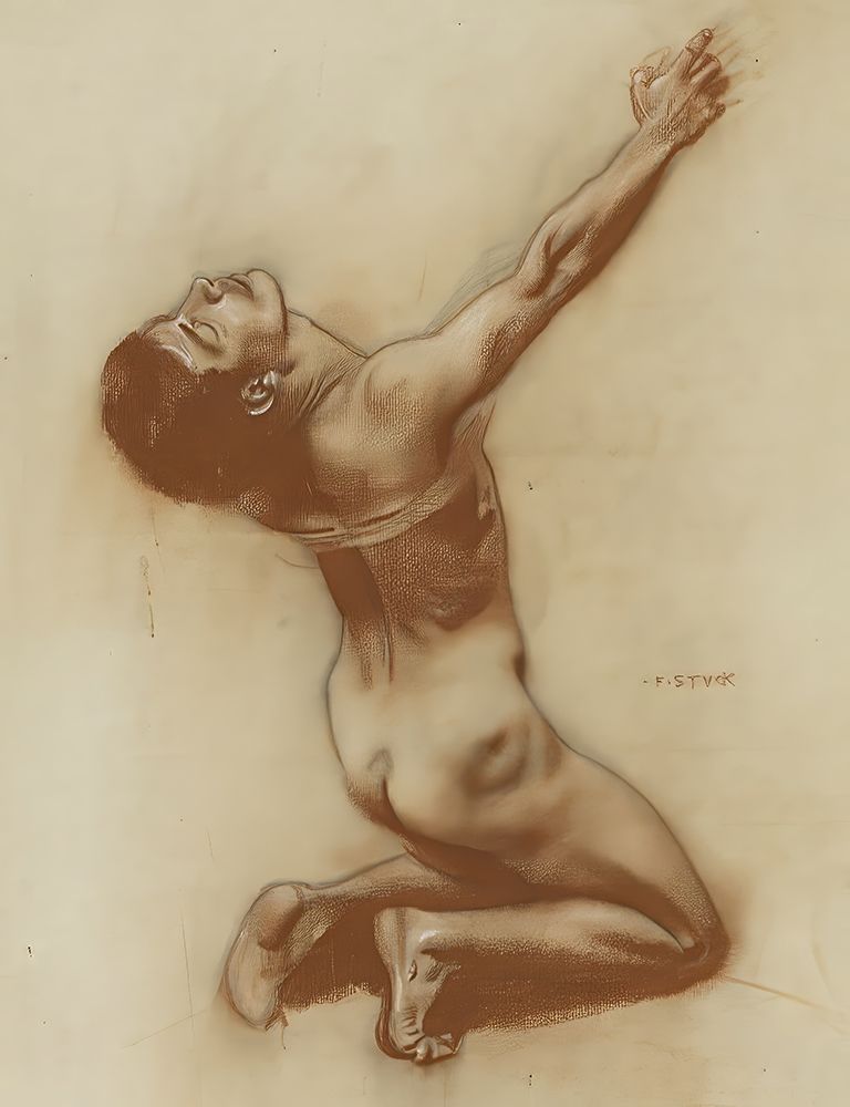 Kneeling male nude Study for Kiss of the Sphinx circa 1895 art print by Franz von Stuck for $57.95 CAD