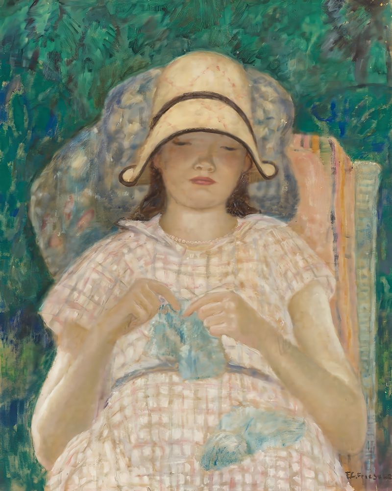 Girl Knitting art print by Frederick Carl Frieseke for $57.95 CAD
