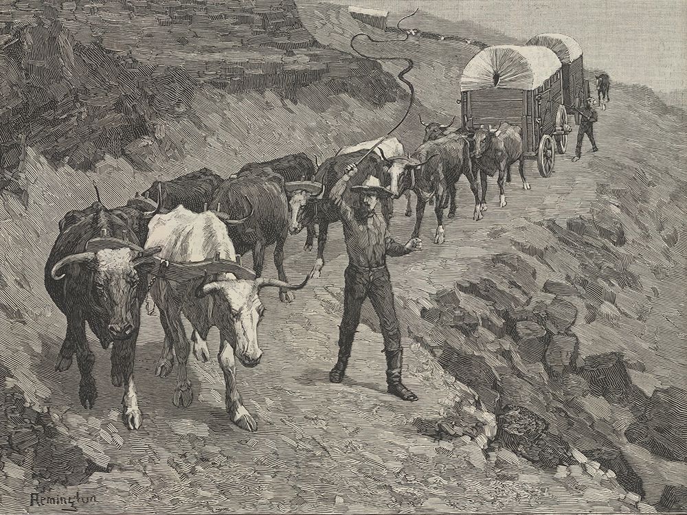 An ox train in the mountains 1888 art print by Frederic Remington for $57.95 CAD