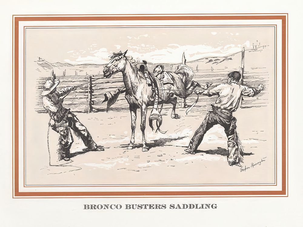 Bronco busters saddling art print by Frederic Remington for $57.95 CAD