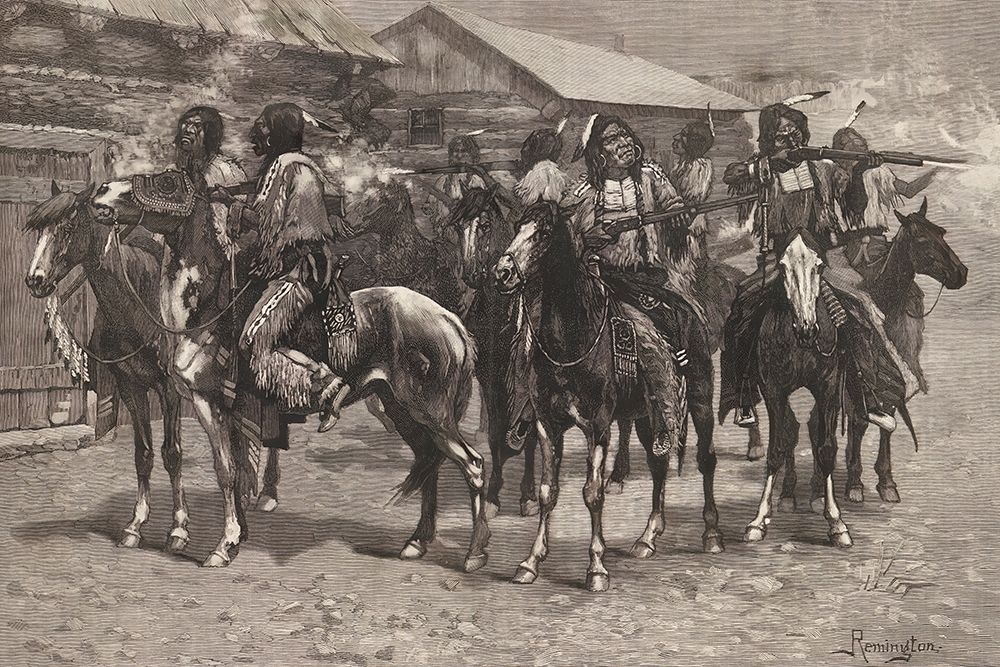 Crow Indians firing into the agency 1887 art print by Frederic Remington for $57.95 CAD