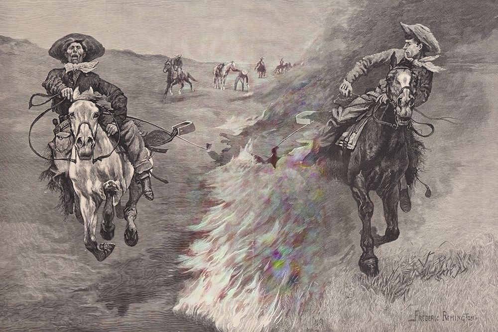 Dragging a Bulls Hide over a Prairie Fire in Northern Texas 1888 art print by Frederic Remington for $57.95 CAD