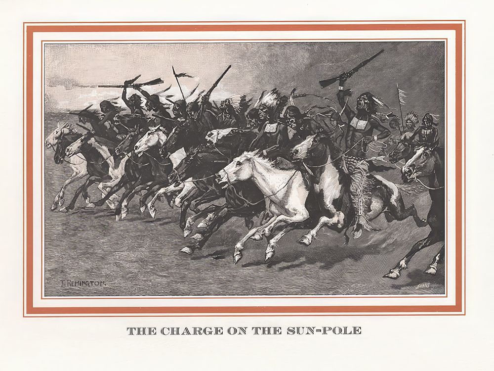 The charging on the sun pole art print by Frederic Remington for $57.95 CAD