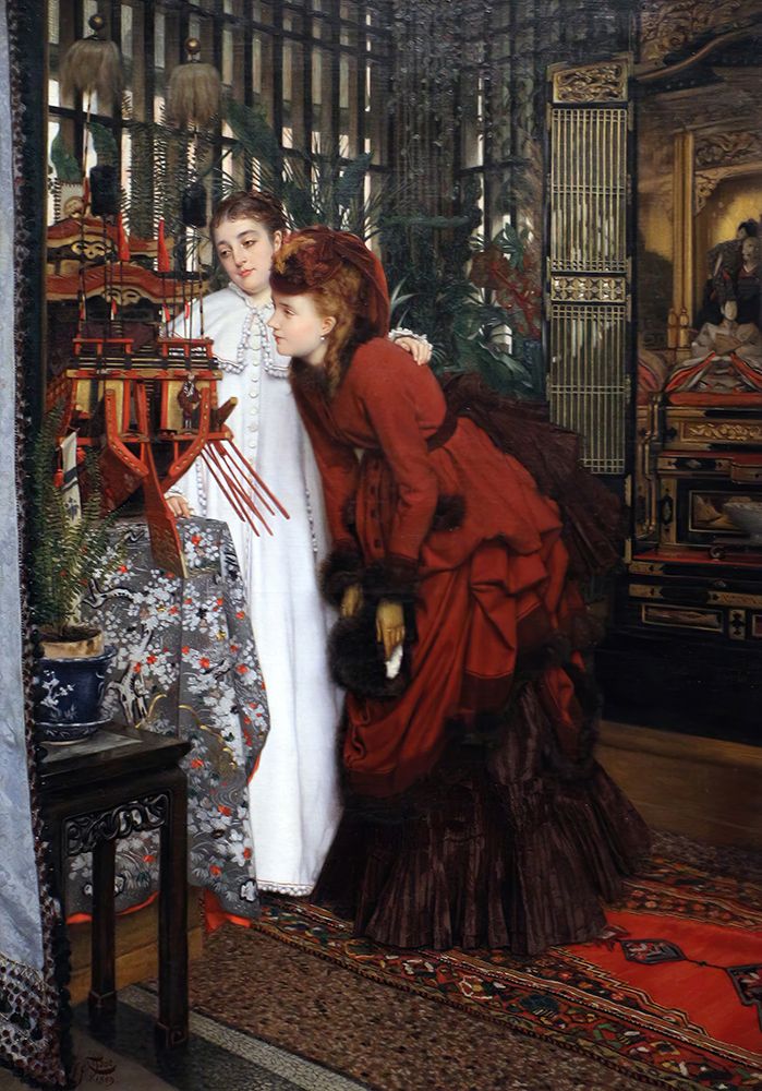 Young woman looking at Japanese items 1869 art print by James Tissot for $57.95 CAD