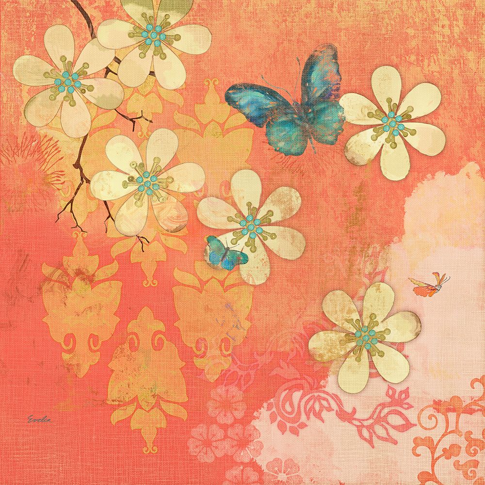 Coral Large Cream Multi Blossoms Butterfly art print by Evalia Designs for $57.95 CAD