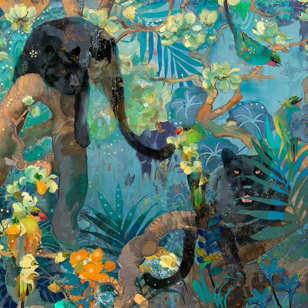 Jaguar and Green Parrots I art print by Evalia Designs for $57.95 CAD