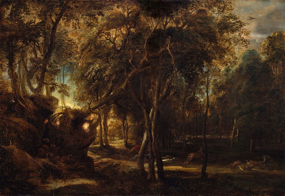 A Forest at Dawn with a Deer Hunt 1635 art print by Peter Paul Rubens for $57.95 CAD