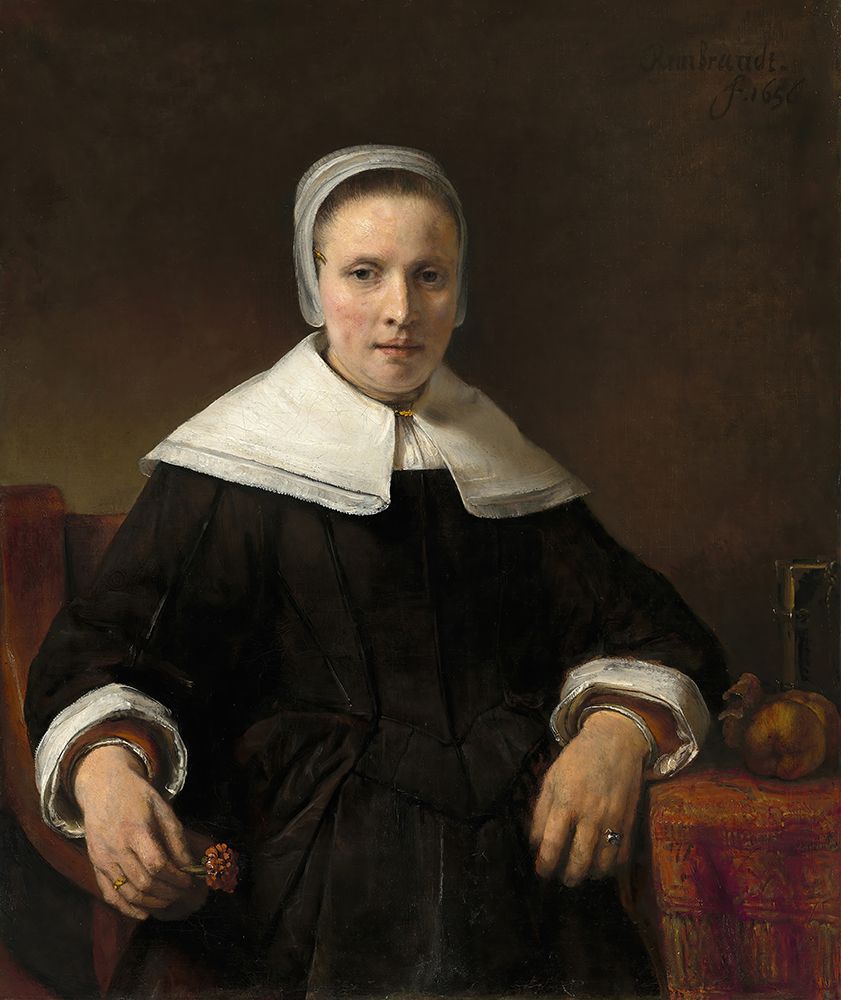 A Woman Holding a Pink 1656 art print by Rembrandt for $57.95 CAD