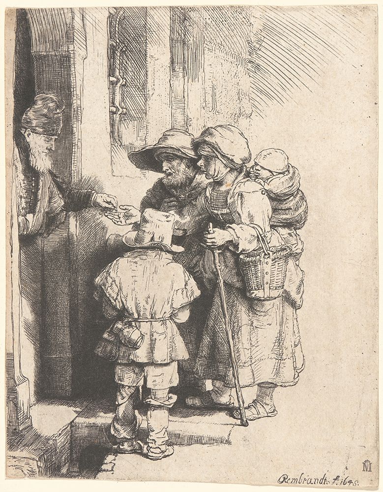 Beggars Receiving Alms at the Door of a House 1648 art print by Rembrandt for $57.95 CAD