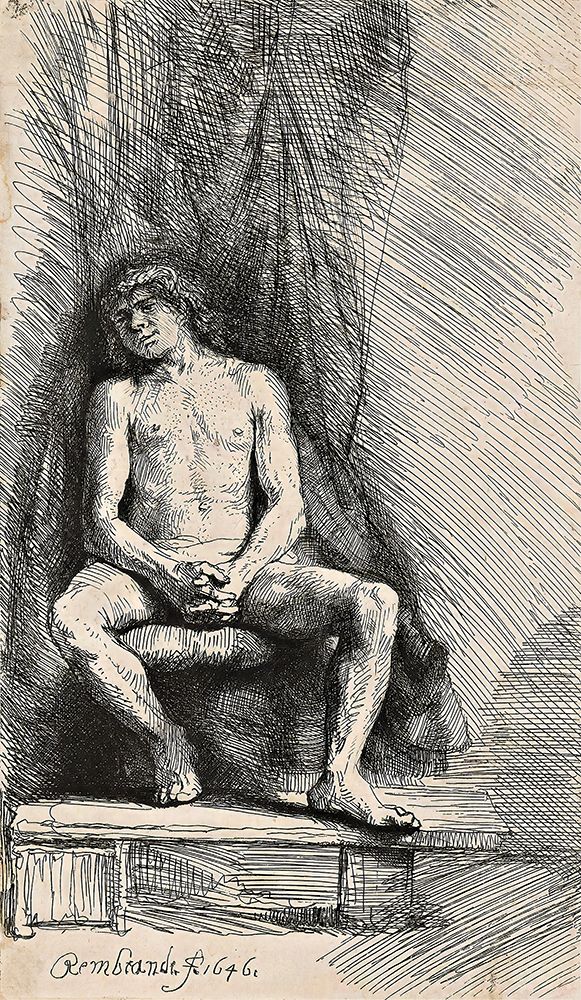 Nude Man Seated before a Curtain 1646 art print by Rembrandt for $57.95 CAD