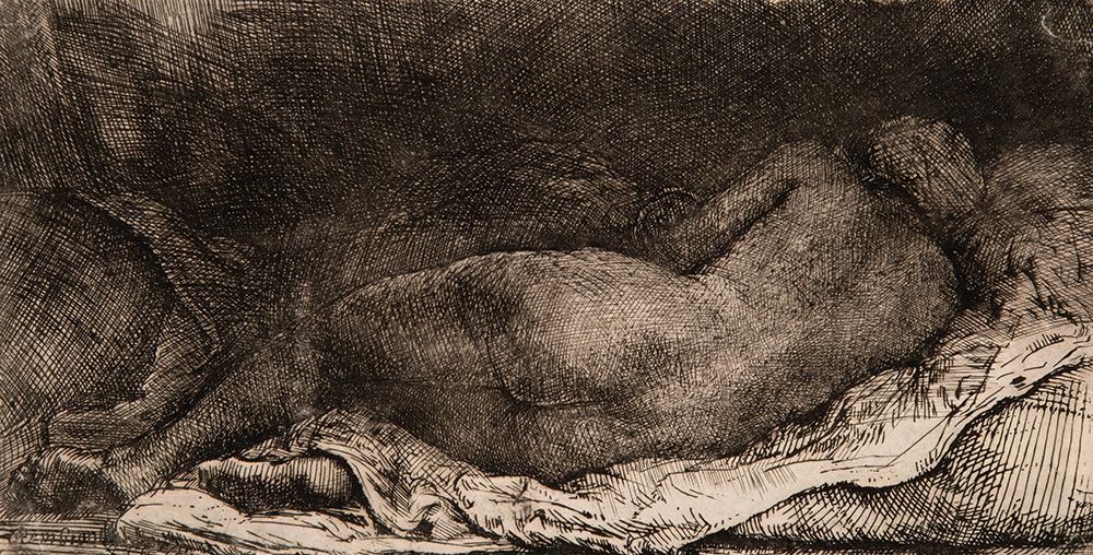 Reclining female nude 1658 art print by Rembrandt for $57.95 CAD