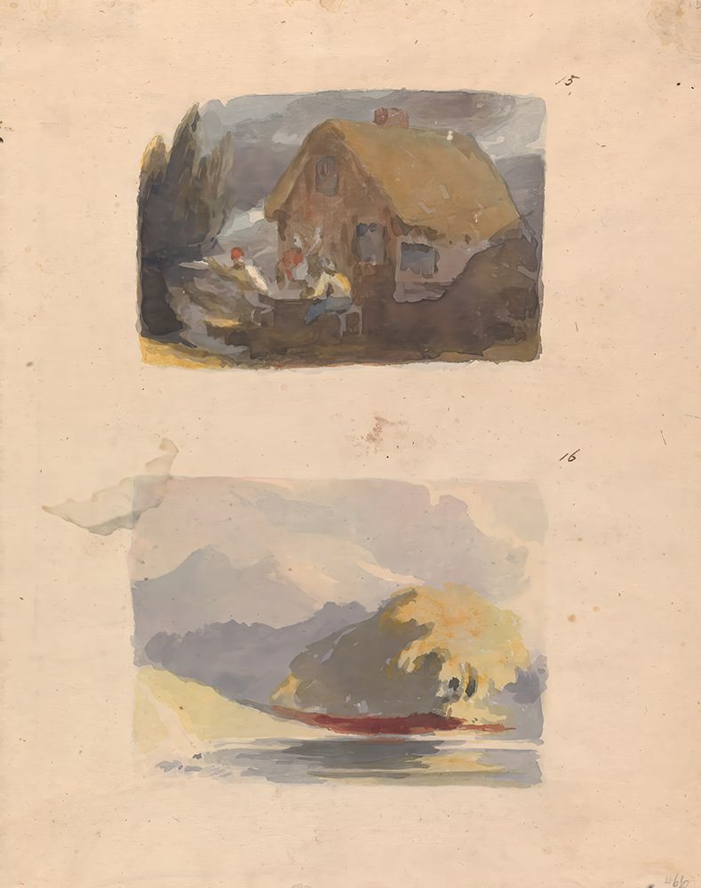 Cottage with Figures in Front no. 15, Landscape with River and Mountains Sunshine no. 16 art print by Thomas Sully for $57.95 CAD