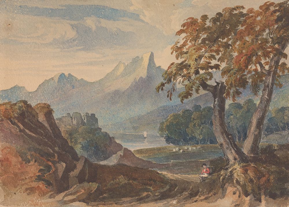 Landscape with Mountains, Lake Castle, Seated Figure in Foreground 1834 art print by Thomas Sully for $57.95 CAD